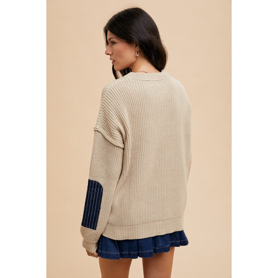 Annie Wear Contrast Round Neck Drop Shoulder Sweater with Patch Pocket Khaki / S Apparel and Accessories