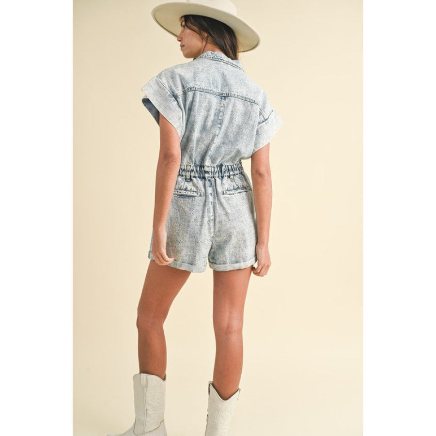Annie Wear Elastic Waistband Short Sleeve Denim Romper Apparel and Accessories
