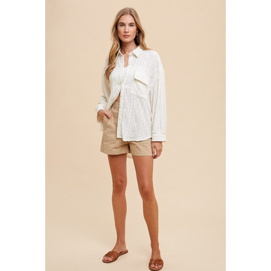 Annie Wear Openwork Button Down Drop Shoulder Shirt Apparel and Accessories