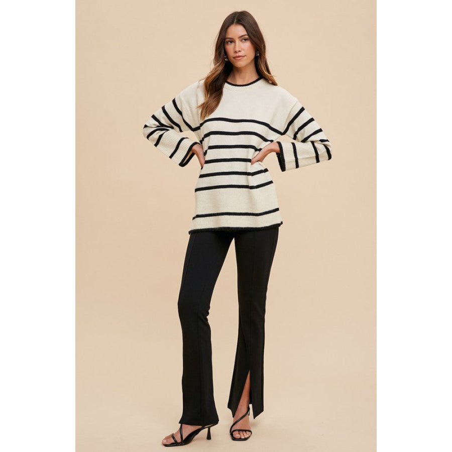 Annie Wear Side Slit Striped Round Neck Sweater Apparel and Accessories