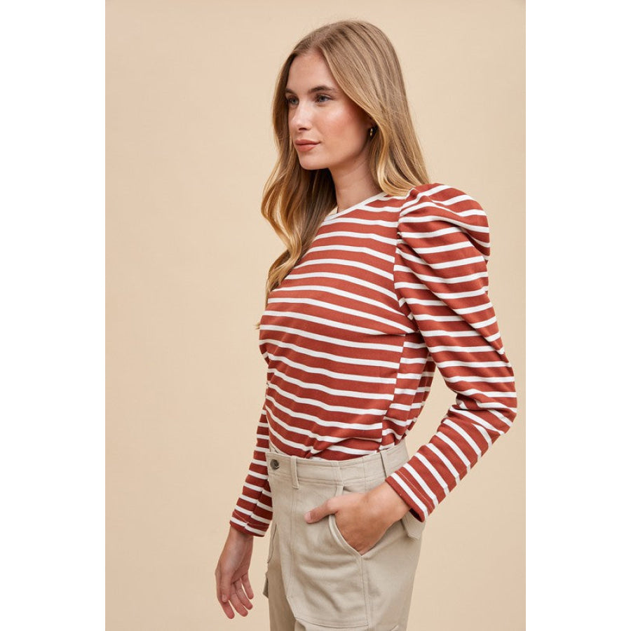 Annie Wear Striped Round Neck Puff Sleeve French Terry Top Apparel and Accessories