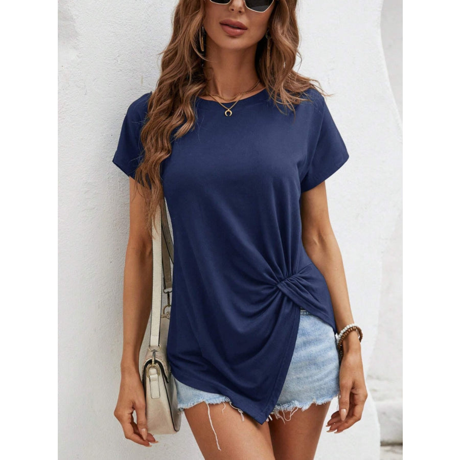 Asymmetric Hem Round Neck T-Shirt Apparel and Accessories