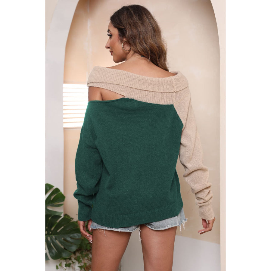 Asymmetrical Long Sleeve Two-Tone Cutout Sweater