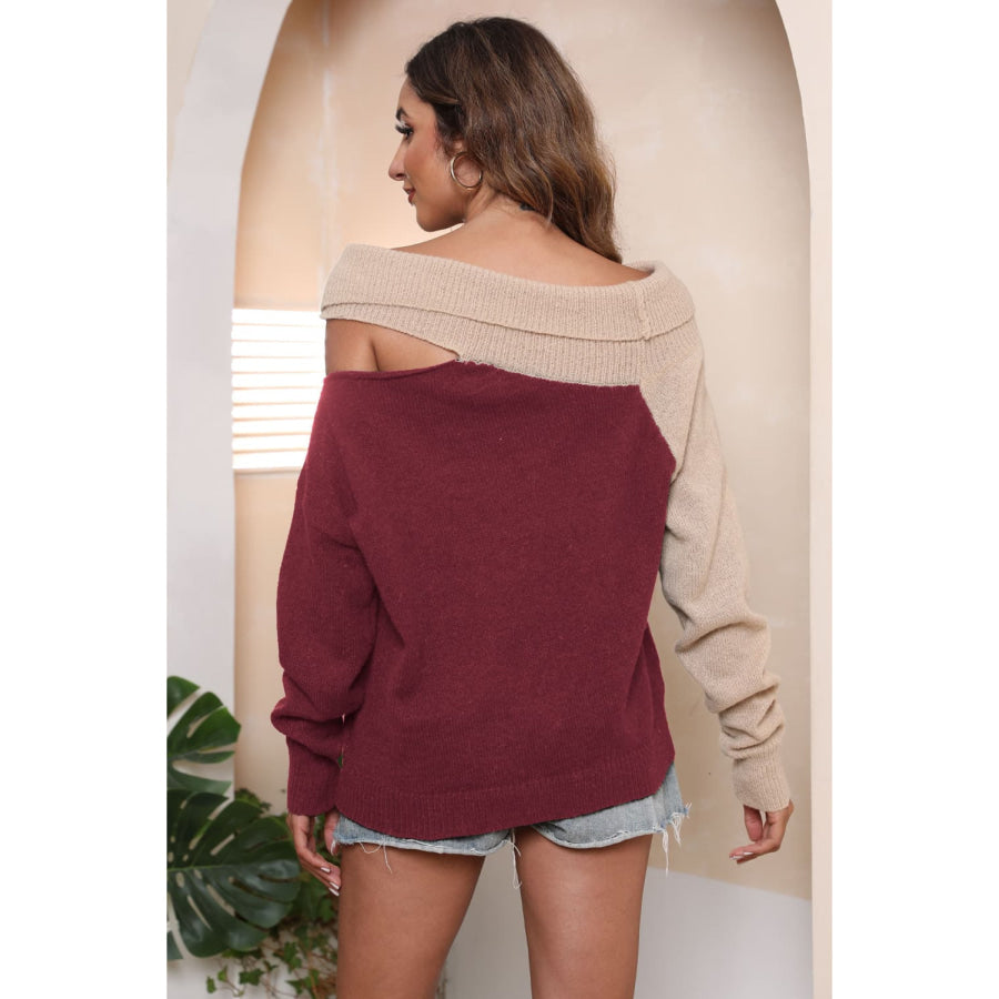 Asymmetrical Long Sleeve Two-Tone Cutout Sweater