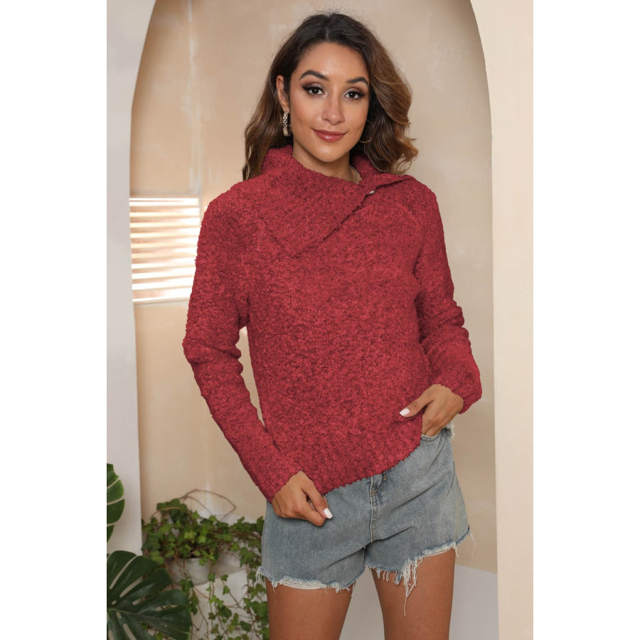 Asymmetrical Neck Long Sleeve Pullover Sweater Deep Red / S
