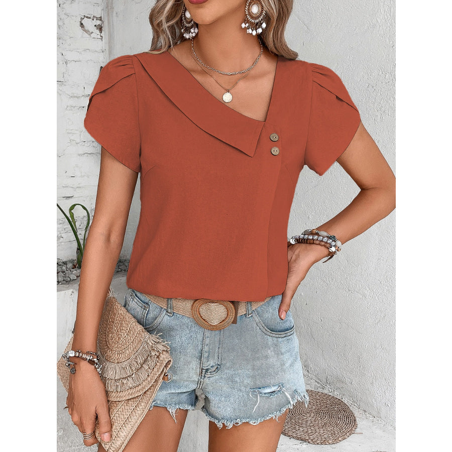 Asymmetrical Neck Petal Sleeve Blouse Rust / S Apparel and Accessories