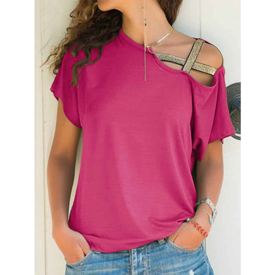 Asymmetrical Neck Short Sleeve T-Shirt Deep Rose / S Apparel and Accessories
