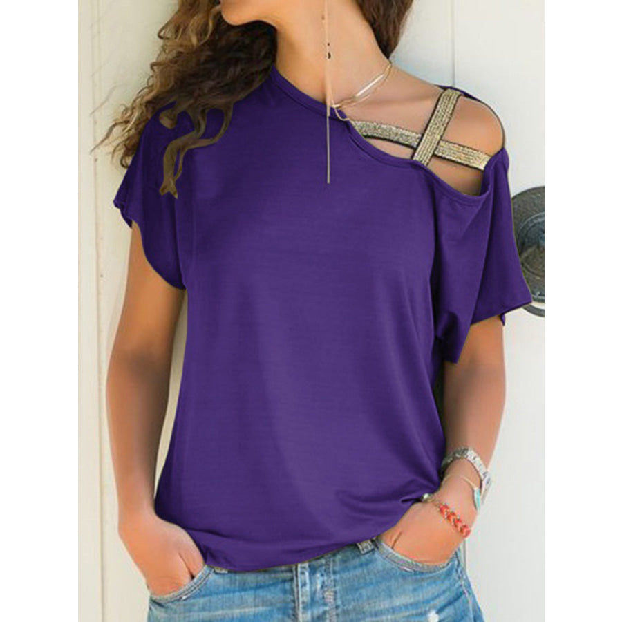 Asymmetrical Neck Short Sleeve T-Shirt Violet / S Apparel and Accessories