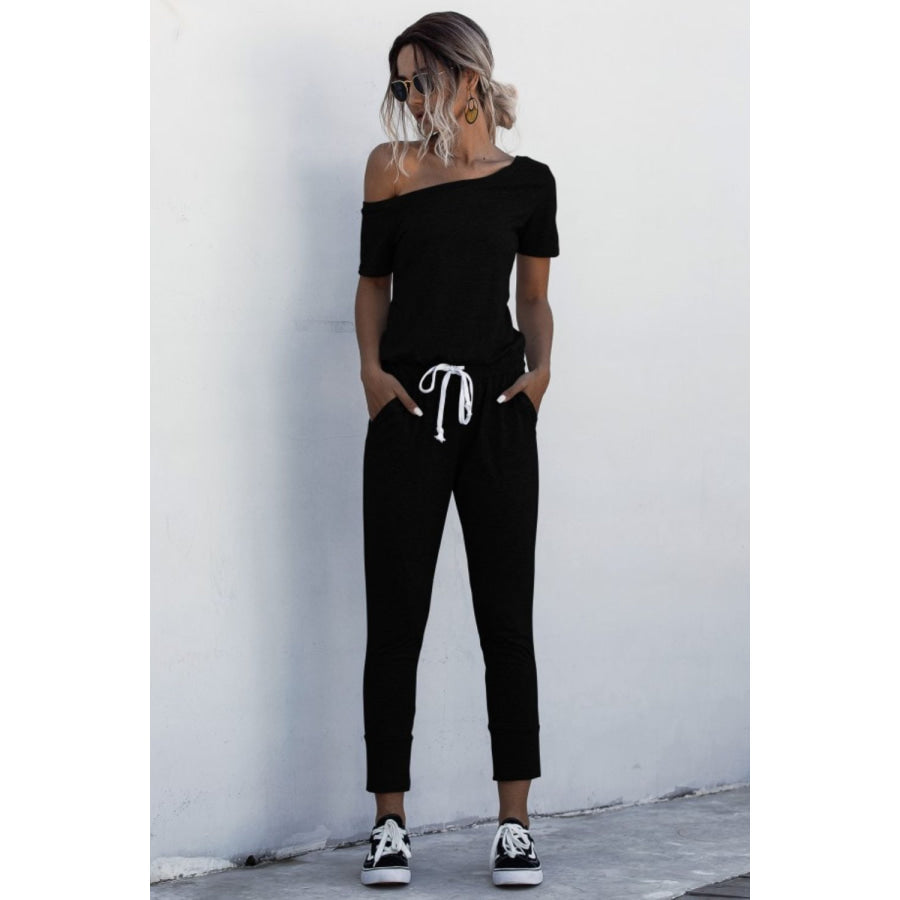 Asymmetrical Neck Tied Jumpsuit with Pockets Black / S