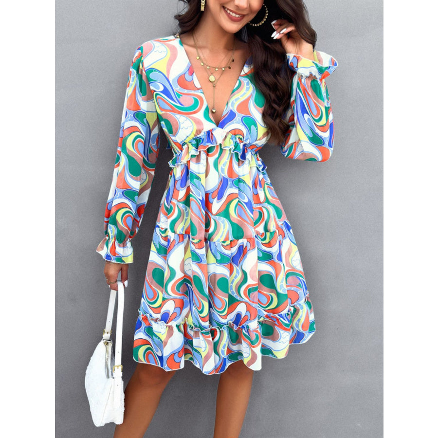 Backless Printed V-Neck Flounce Sleeve Dress Multicolor / S Apparel and Accessories