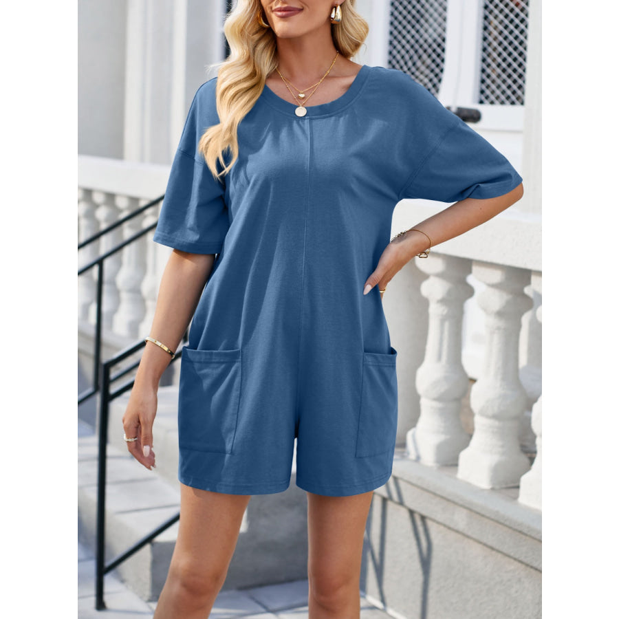 Backless Round Neck Half Sleeve Romper Dusty Blue / S Apparel and Accessories