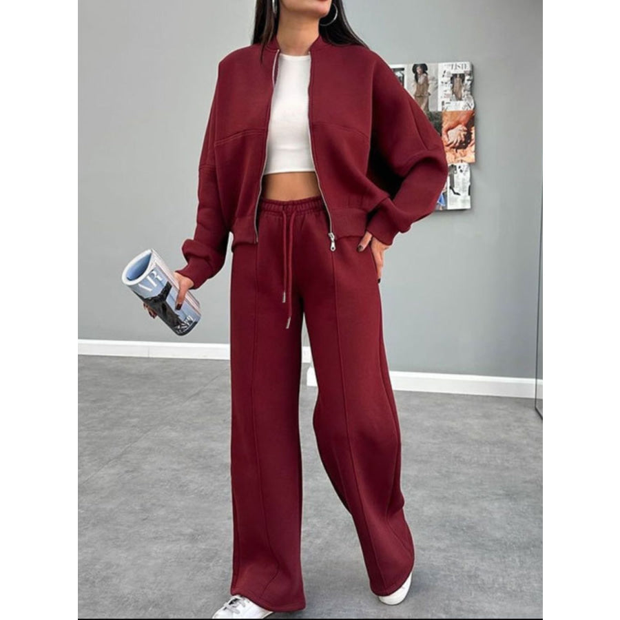 Baseball Collar Zip Up Top and Drawstring Paants Set Apparel and Accessories