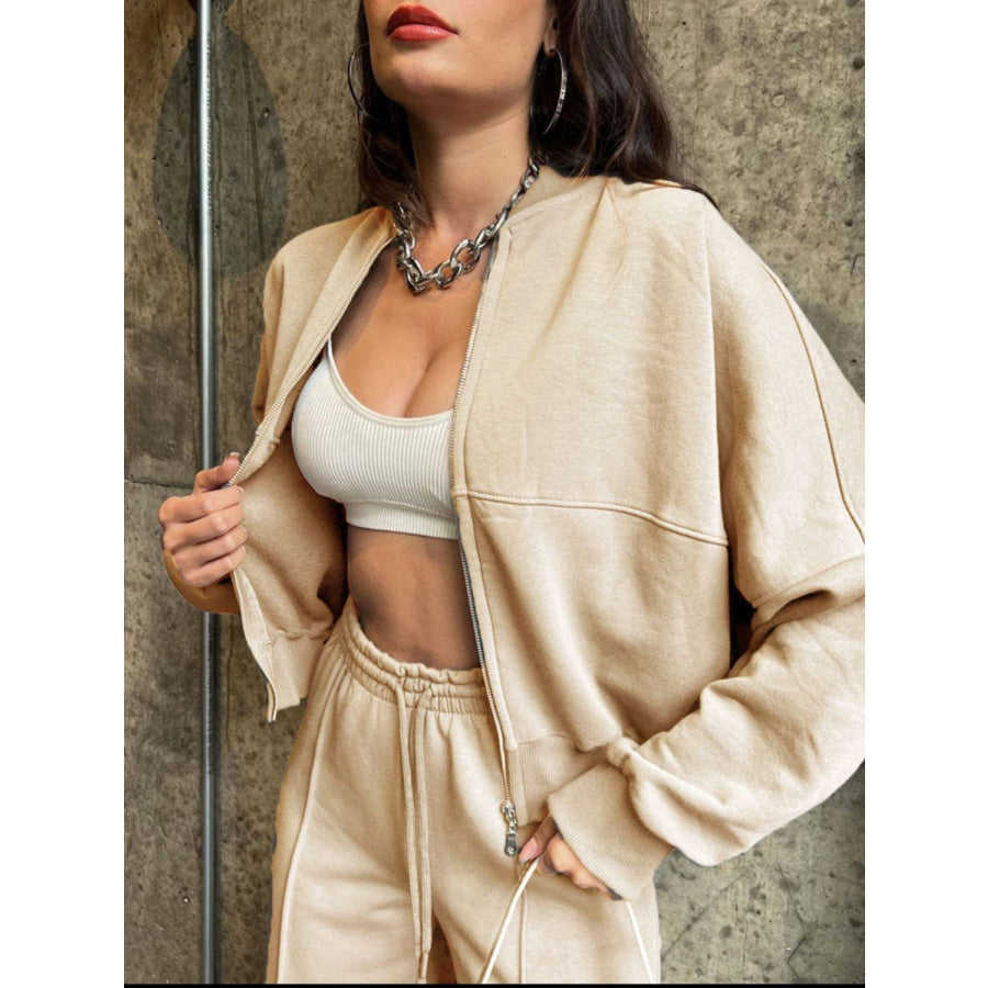 Baseball Collar Zip Up Top and Drawstring Paants Set Apparel and Accessories