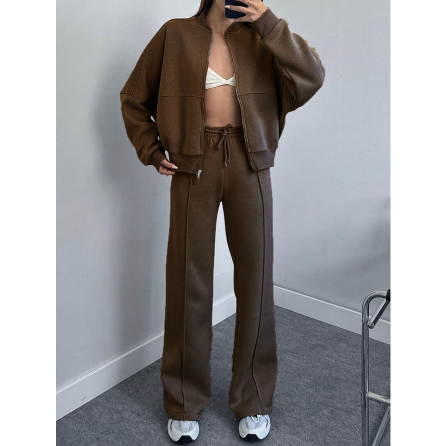 Baseball Collar Zip Up Top and Drawstring Paants Set Apparel and Accessories