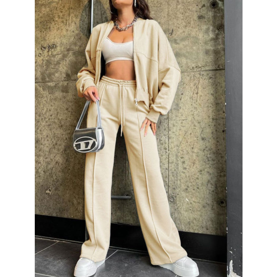 Baseball Collar Zip Up Top and Drawstring Paants Set Apparel and Accessories