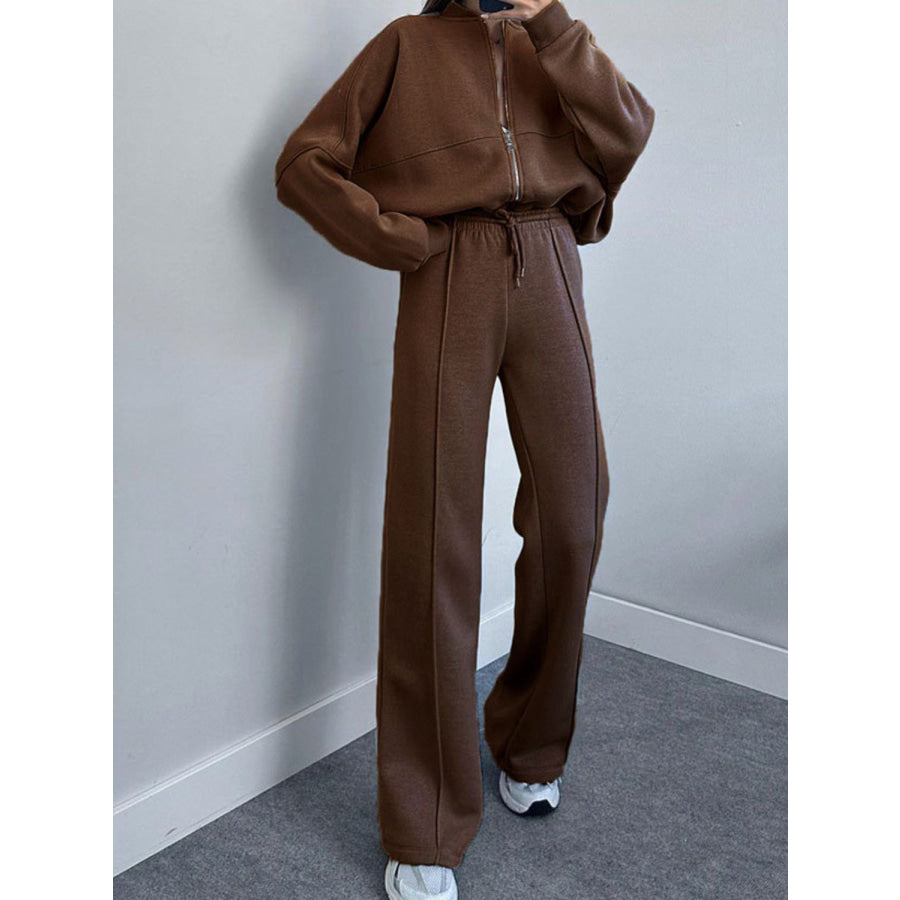 Baseball Collar Zip Up Top and Drawstring Paants Set Coffee Brown / S Apparel and Accessories