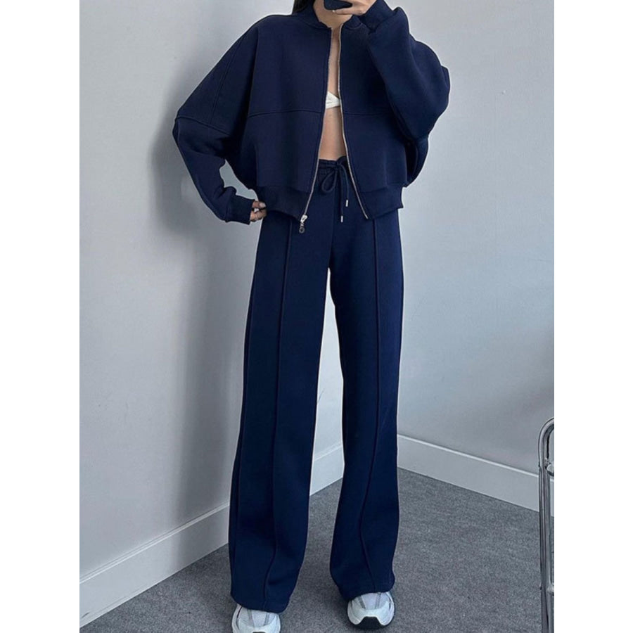 Baseball Collar Zip Up Top and Drawstring Paants Set Dark Blue / S Apparel and Accessories