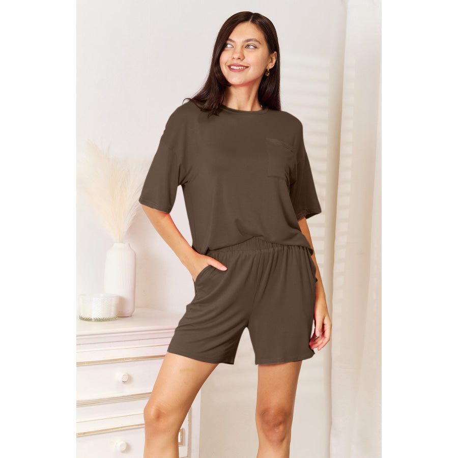 Basic Bae Bamboo Full Size Round Neck Drop Shoulder T-Shirt and Shorts Set Chocolate / S Apparel and Accessories