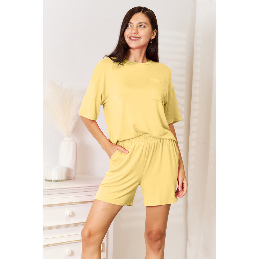 Basic Bae Bamboo Full Size Round Neck Drop Shoulder T-Shirt and Shorts Set True Yellow / S Apparel and Accessories
