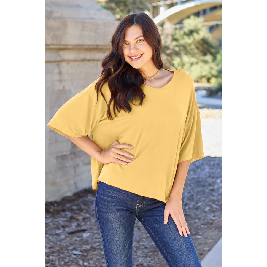 Basic Bae Bamboo Full Size Round Neck Drop Shoulder T-Shirt True Yellow / S Apparel and Accessories