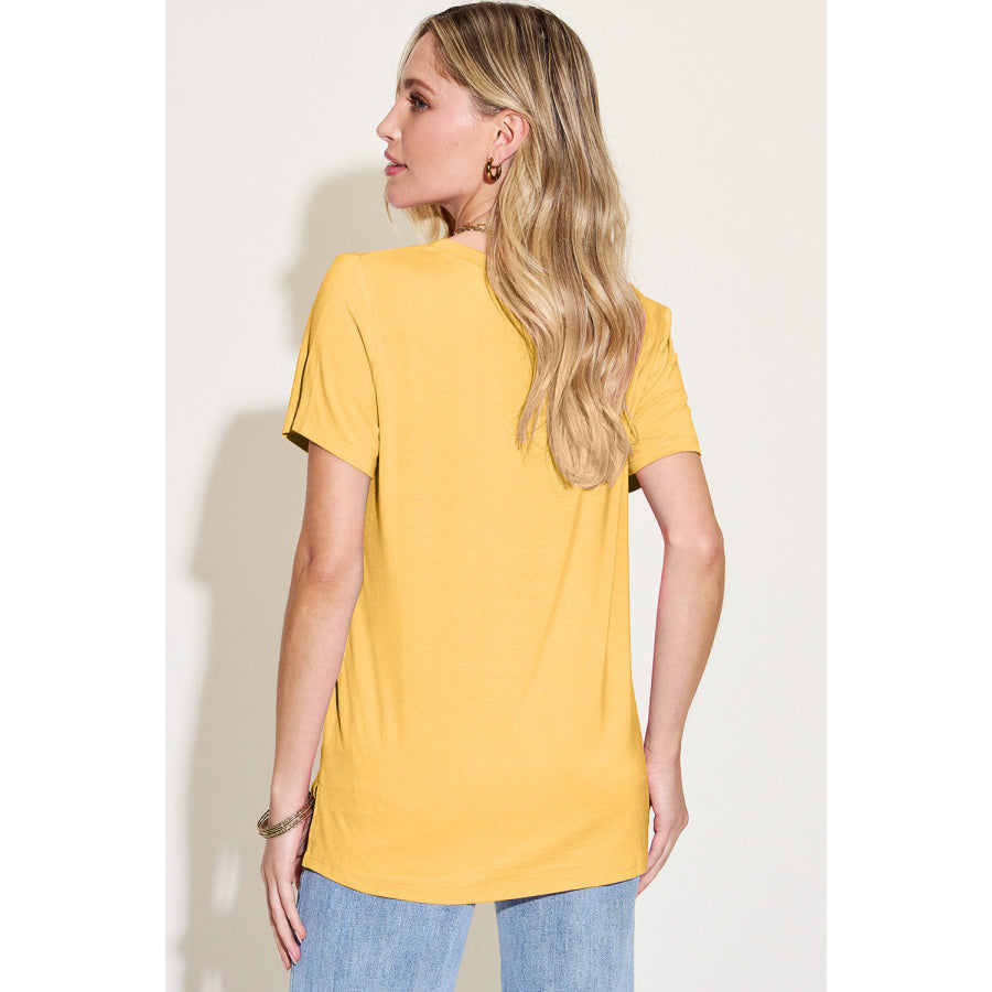 Basic Bae Bamboo Full Size V-Neck High-Low T-Shirt True Yellow / S Apparel and Accessories