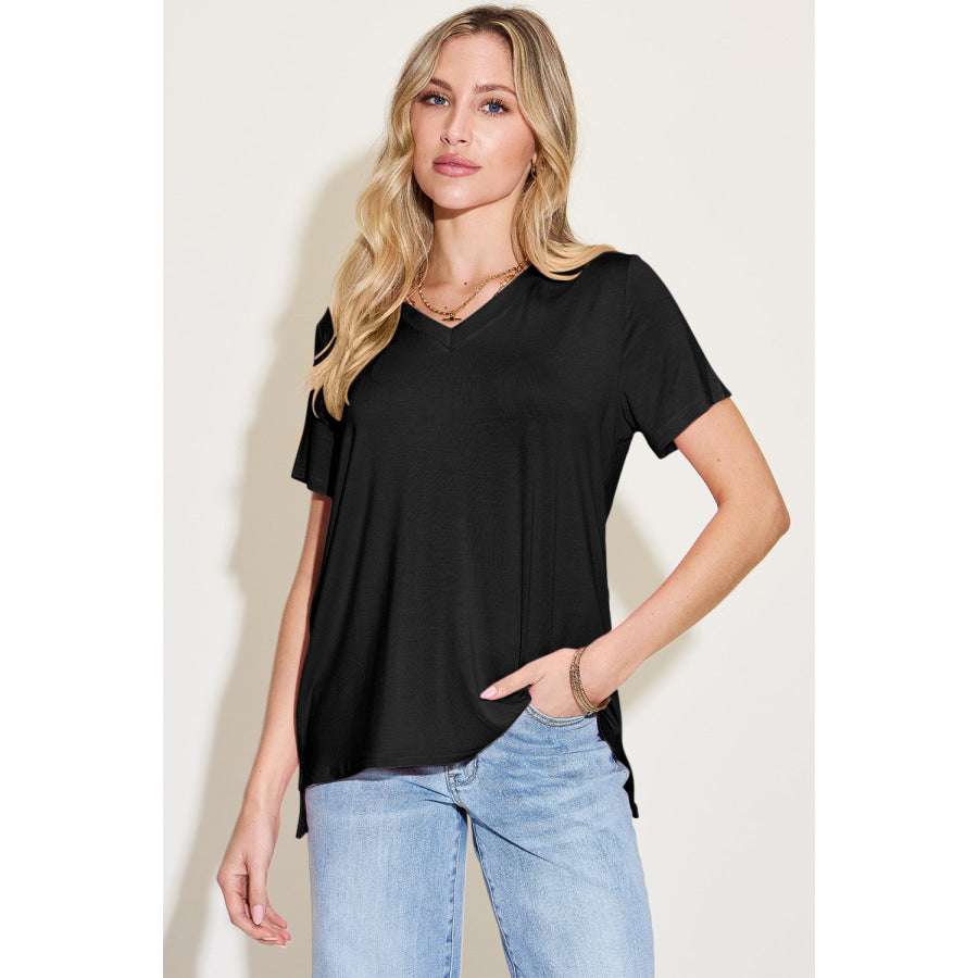Basic Bae Bamboo Full Size V-Neck High-Low T-Shirt Black / S Apparel and Accessories