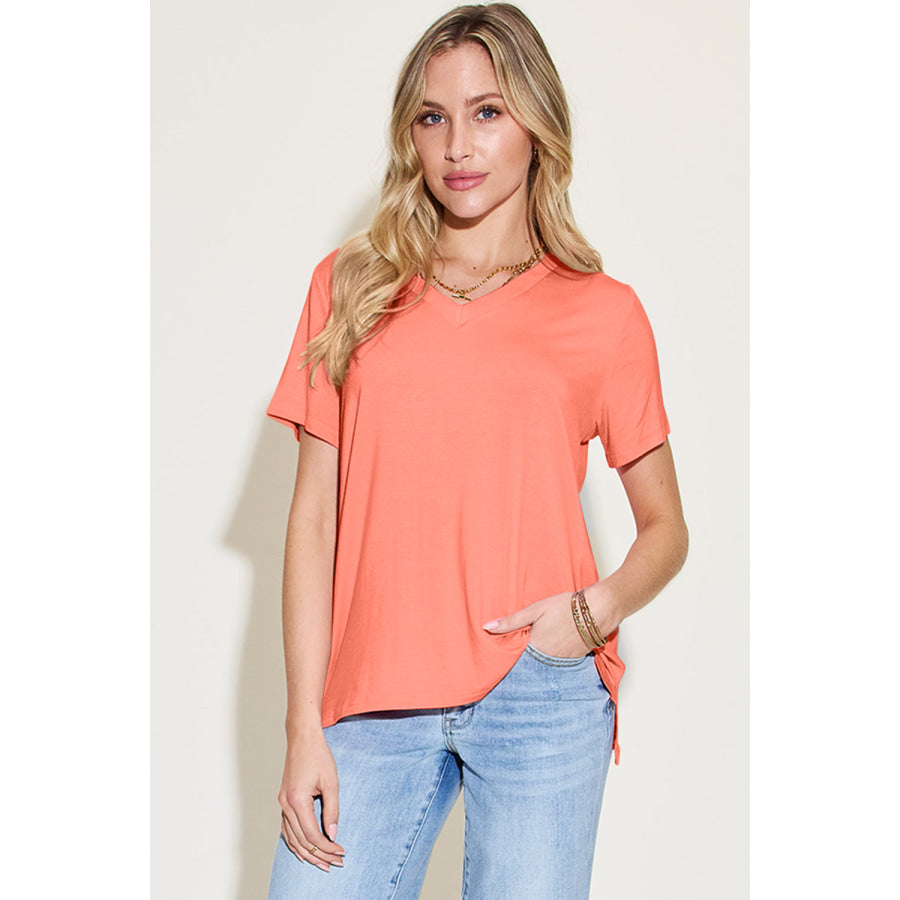 Basic Bae Bamboo Full Size V-Neck High-Low T-Shirt Coral / S Apparel and Accessories