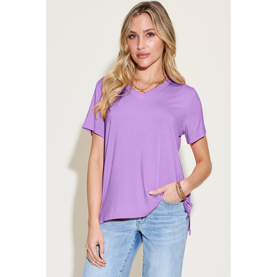 Basic Bae Bamboo Full Size V-Neck High-Low T-Shirt Lavender / S Apparel and Accessories