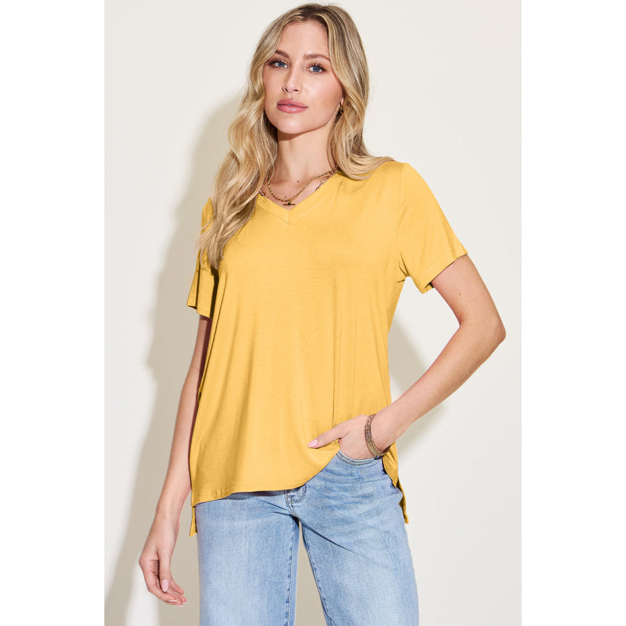 Basic Bae Bamboo Full Size V-Neck High-Low T-Shirt True Yellow / S Apparel and Accessories