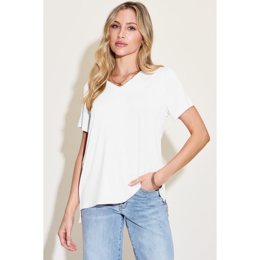 Basic Bae Bamboo Full Size V-Neck High-Low T-Shirt White / S Apparel and Accessories
