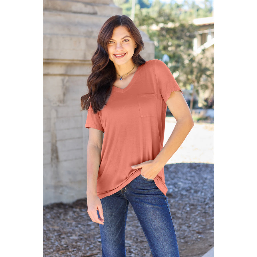 Basic Bae Bamboo Full Size V-Neck Short Sleeve T-Shirt Burnt Coral / S Apparel and Accessories