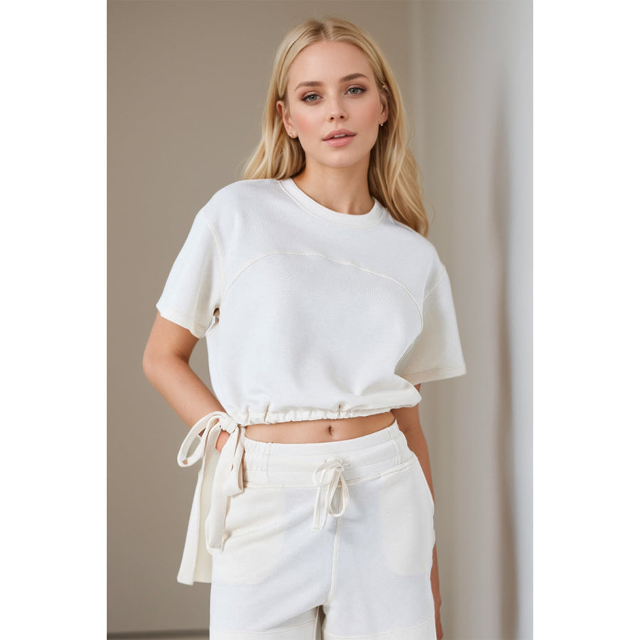 Basic Bae Drawstring Hem Air Scuba Round Neck Short Sleeve T-Shirt Apparel and Accessories