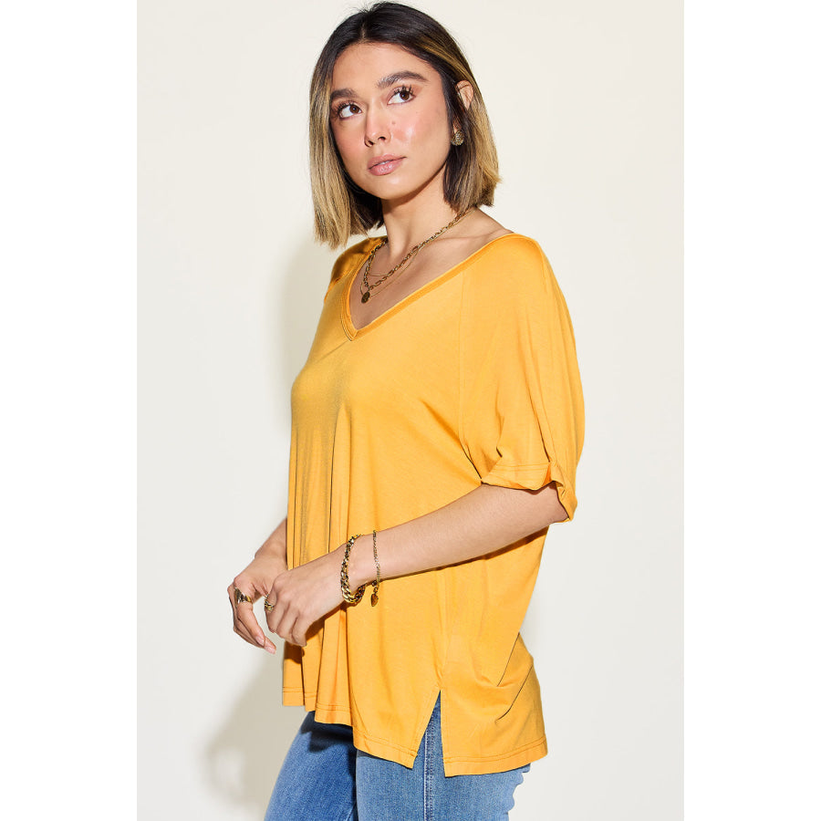 Basic Bae Full Size Bamboo Slit V - Neck Short Sleeve T - Shirt Apparel and Accessories