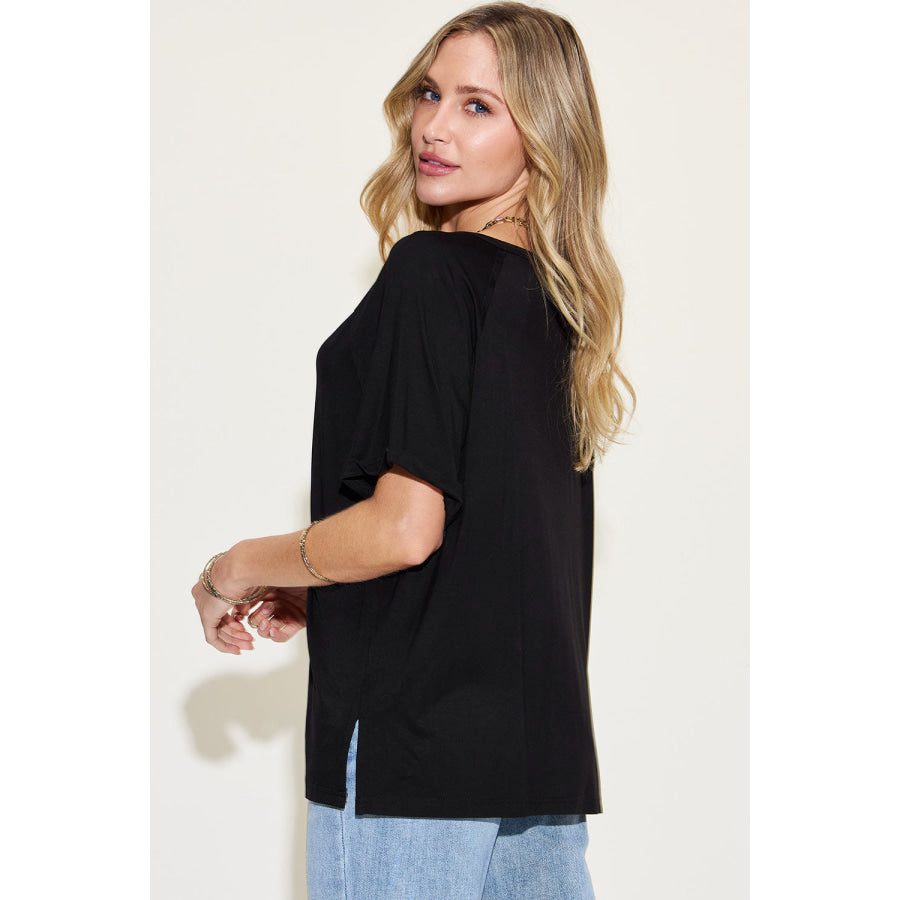Basic Bae Full Size Bamboo Slit V - Neck Short Sleeve T - Shirt Apparel and Accessories