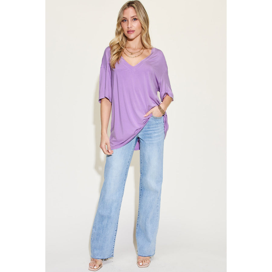 Basic Bae Full Size Bamboo V - Neck Drop Shoulder T - Shirt Apparel and Accessories