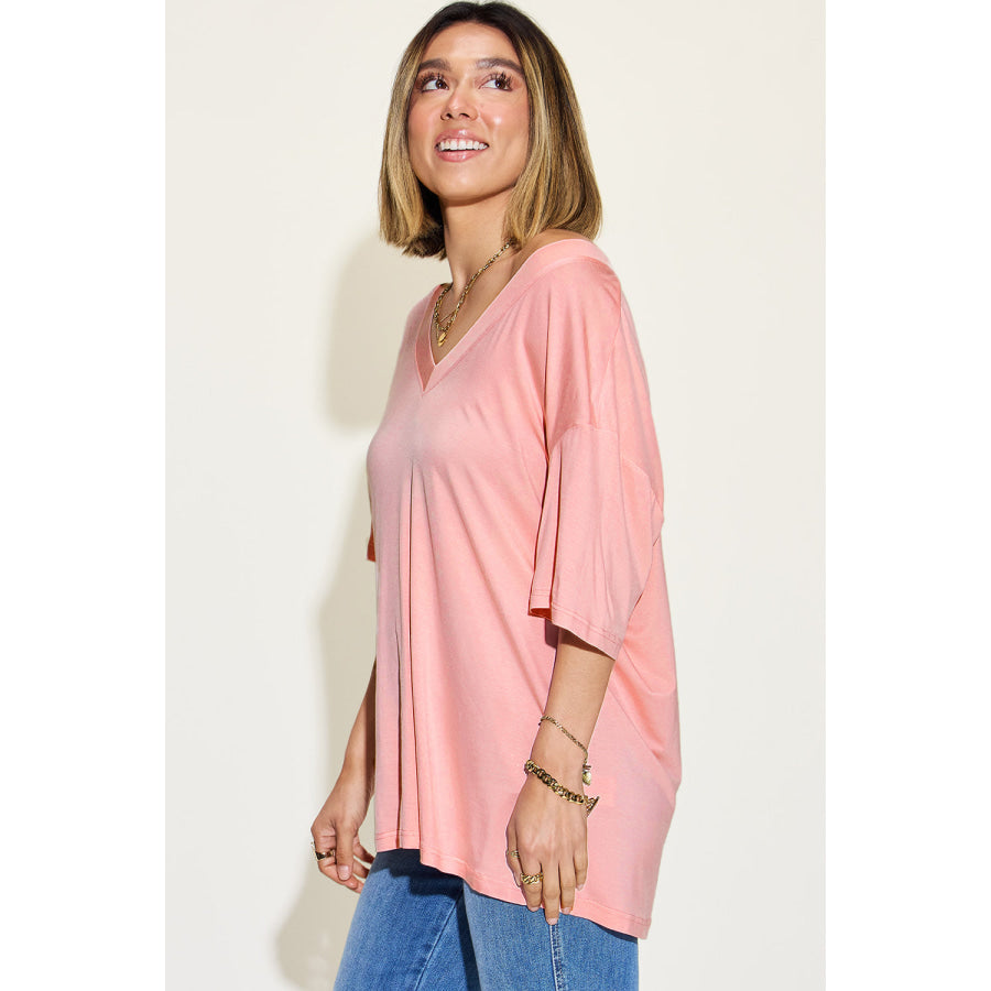 Basic Bae Full Size Bamboo V - Neck Drop Shoulder T - Shirt Apparel and Accessories