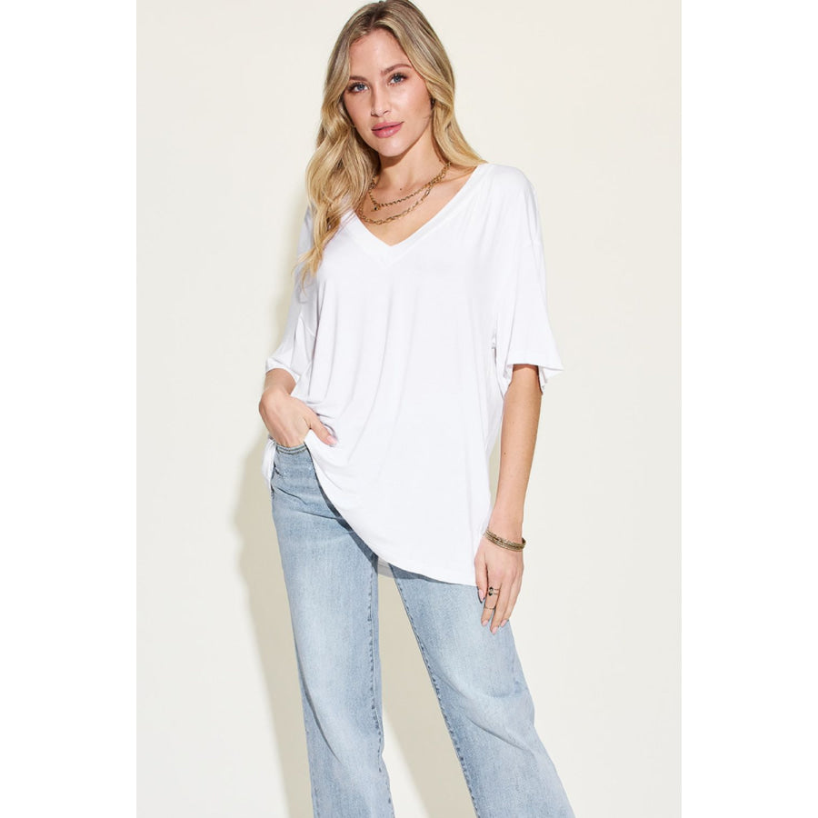 Basic Bae Full Size Bamboo V - Neck Drop Shoulder T - Shirt Apparel and Accessories