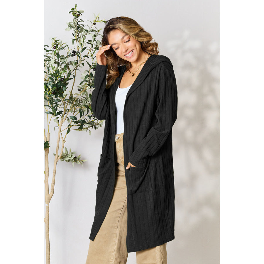 Basic Bae Full Size Hooded Sweater Cardigan Black / S Apparel and Accessories