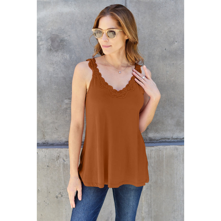 Basic Bae Full Size Lace Detail V-Neck Cutout Cami Caramel / 2XL Clothing