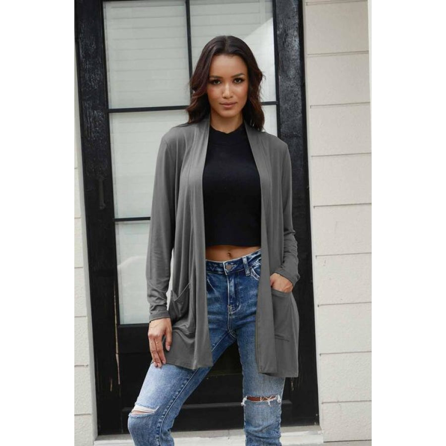 Basic Bae Full Size Open Front Long Sleeve Cardigan with Pockets Charcoal / S