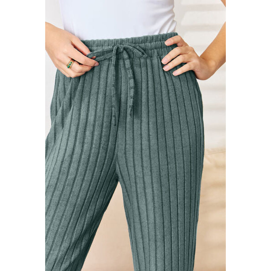 Basic Bae Full Size Ribbed Drawstring Hood Top and Straight Pants Set Apparel and Accessories
