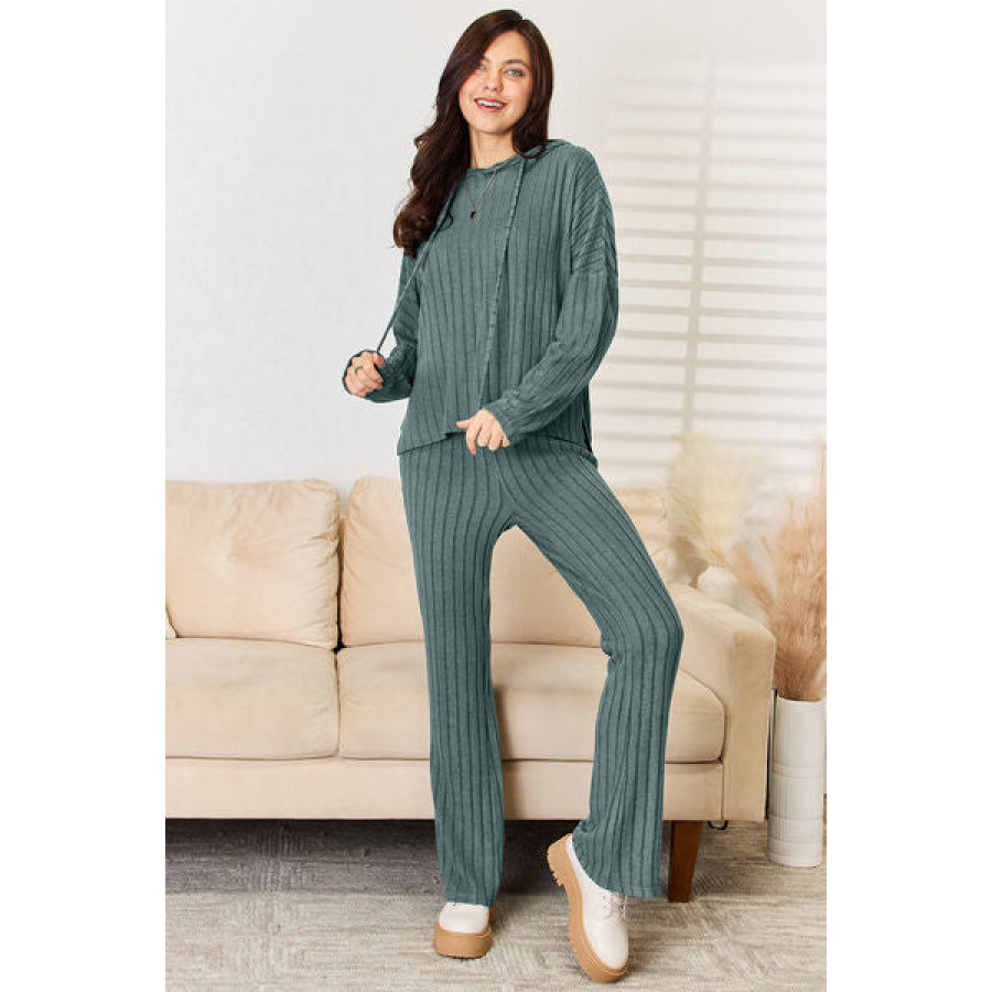 Basic Bae Full Size Ribbed Drawstring Hood Top and Straight Pants Set French Blue / S Apparel and Accessories