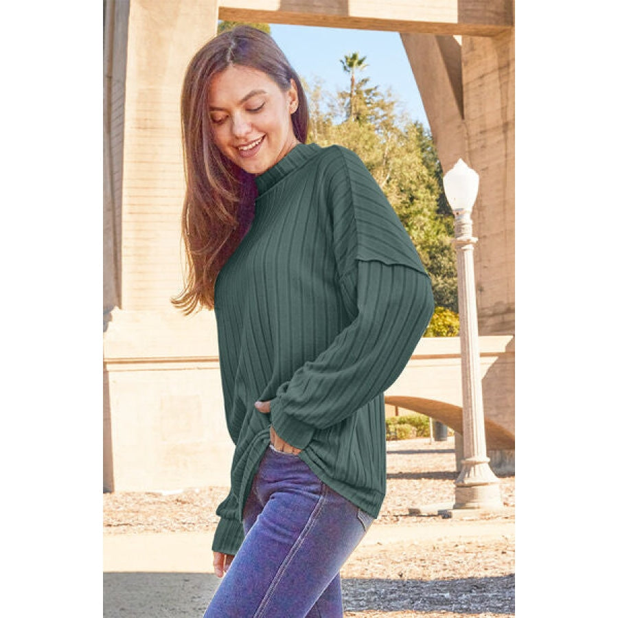 Basic Bae Full Size Ribbed Exposed Seam Mock Neck Knit Top Teal / S Clothing