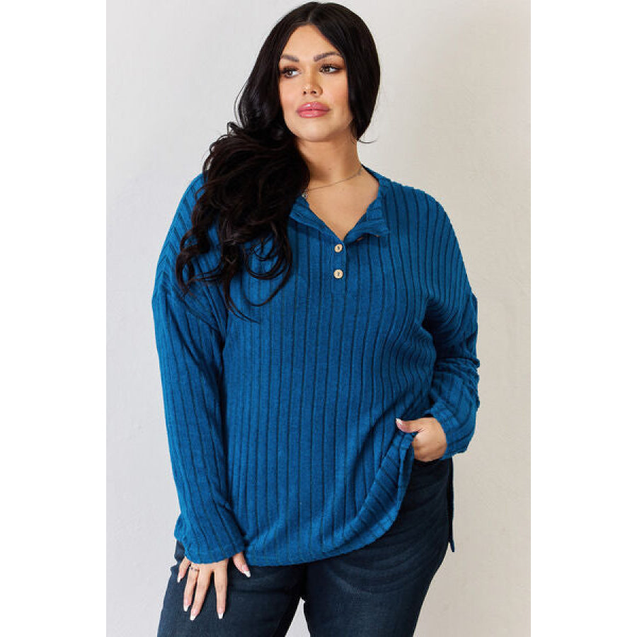Basic Bae Full Size Ribbed Half Button Long Sleeve High-Low T-Shirt Apparel and Accessories