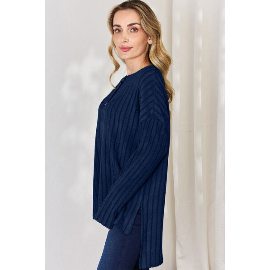 Basic Bae Full Size Ribbed Half Button Long Sleeve High-Low T-Shirt Apparel and Accessories