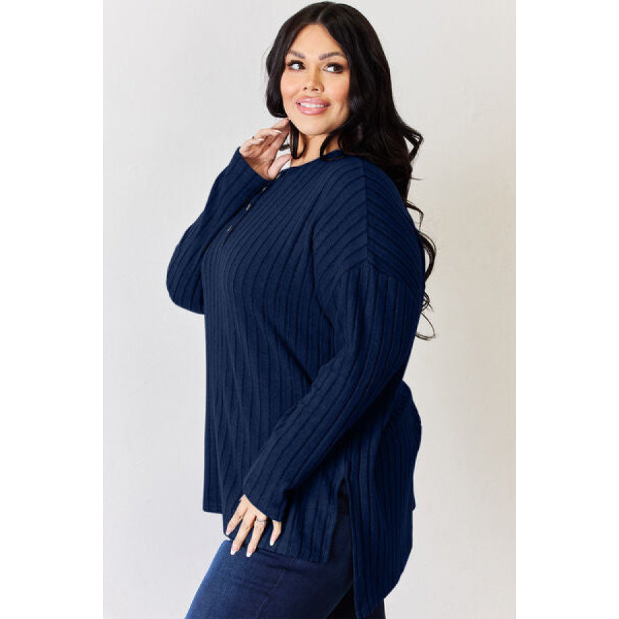 Basic Bae Full Size Ribbed Half Button Long Sleeve High-Low T-Shirt Apparel and Accessories