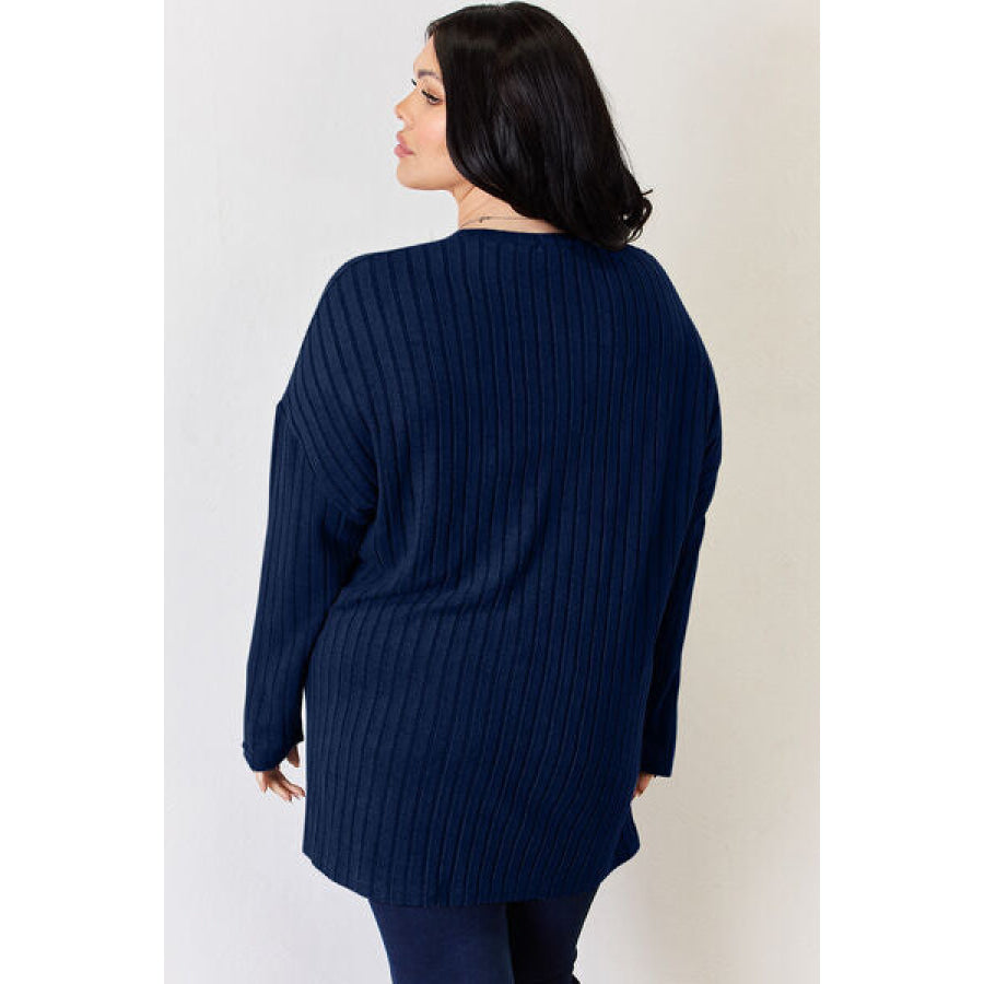 Basic Bae Full Size Ribbed Half Button Long Sleeve High-Low T-Shirt Apparel and Accessories