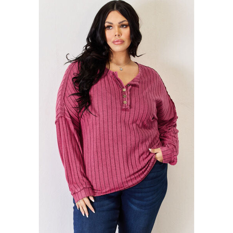 Basic Bae Full Size Ribbed Half Button Long Sleeve High-Low T-Shirt Apparel and Accessories
