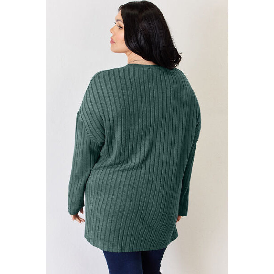 Basic Bae Full Size Ribbed Half Button Long Sleeve High-Low T-Shirt Apparel and Accessories