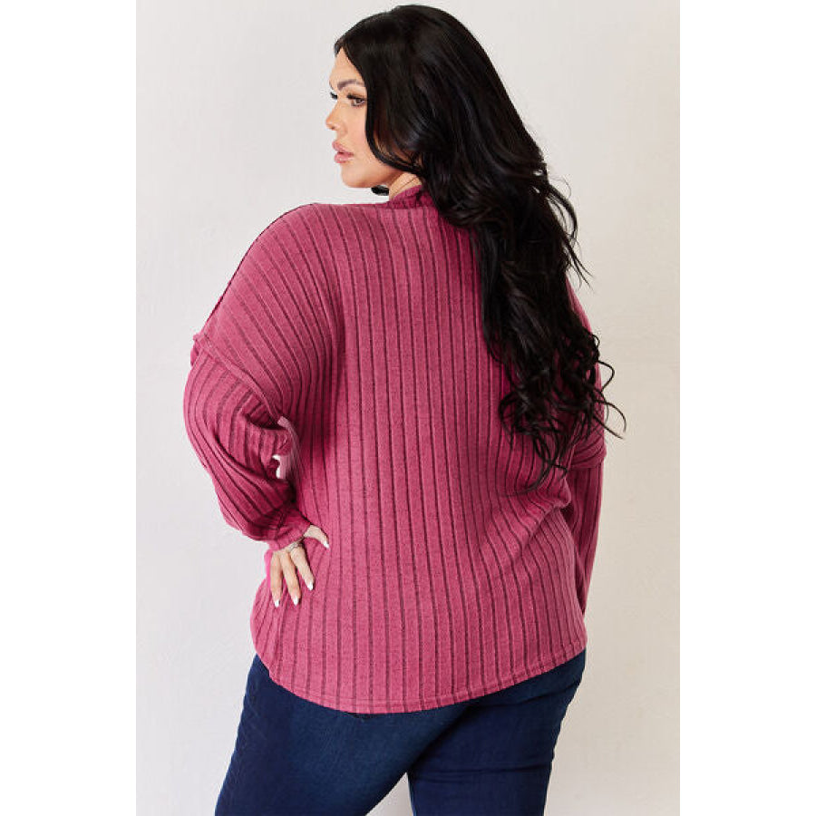 Basic Bae Full Size Ribbed Half Button Long Sleeve High-Low T-Shirt Apparel and Accessories